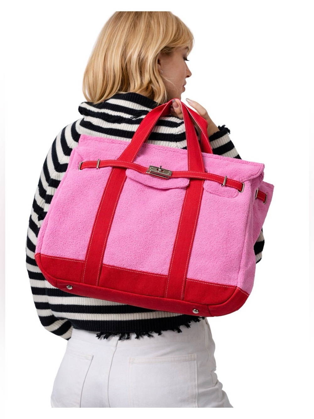 Sunwin Madaket Terry and Cotton Canvas Large Tote Handbag Bubblegum/Lobster Red